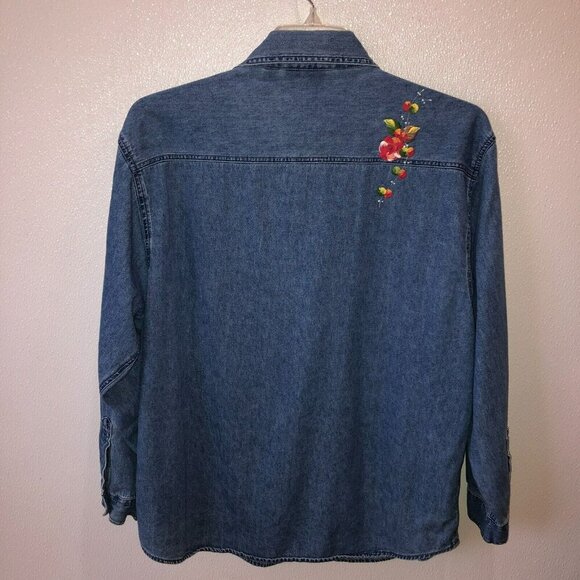 VTG Lasha Large Denim Flower Painted Floral Long Sleeve Button Up Shirt Top Sz L - Picture 8 of 10